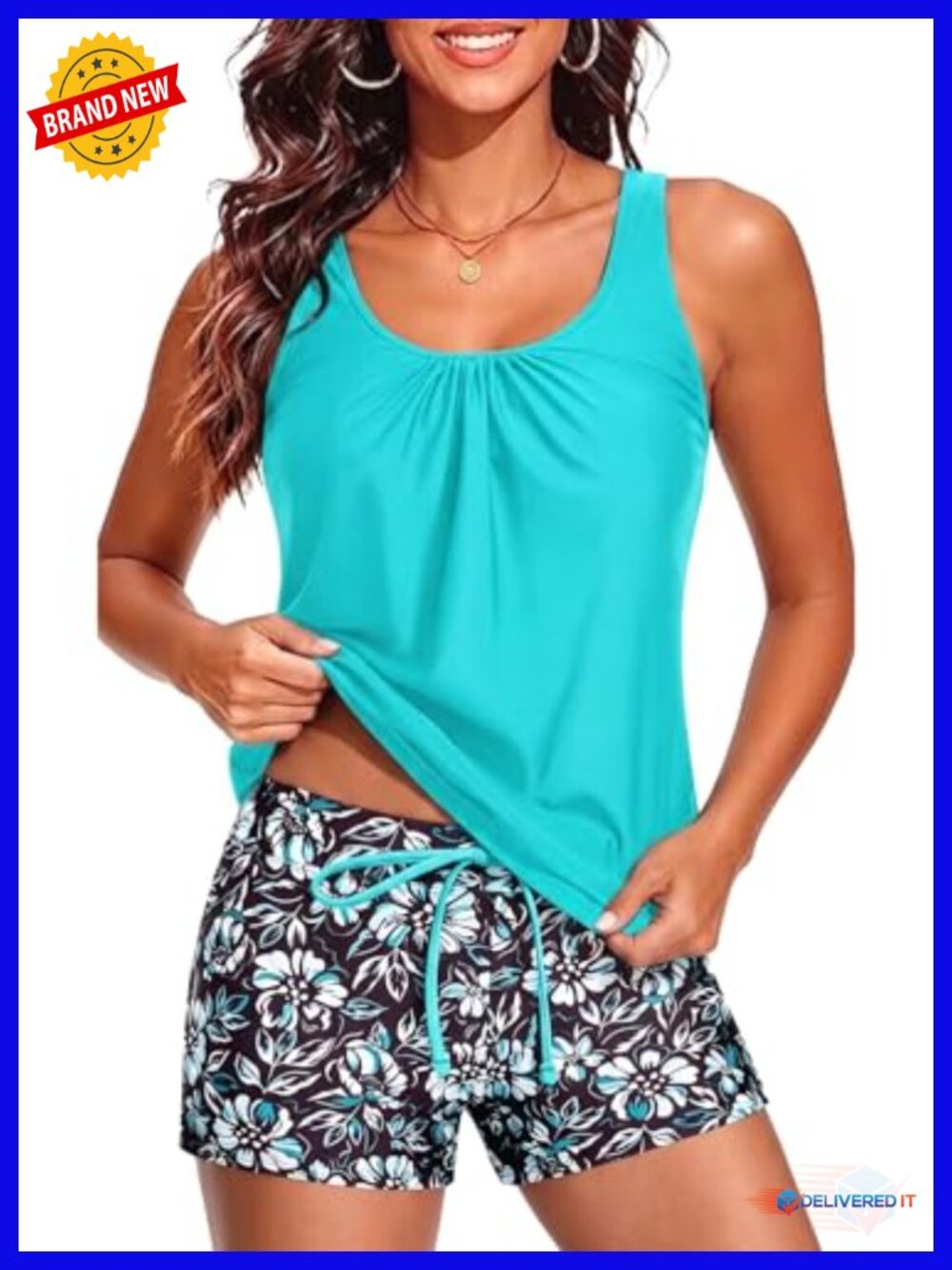 Two Piece Tankini Swimsuit Blouson Top with Shorts Modest Swimwear